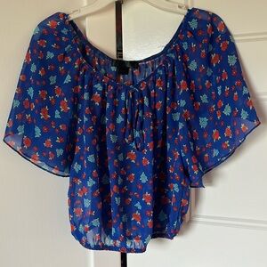 Blue with Red Flowers See-Through Crop Top
